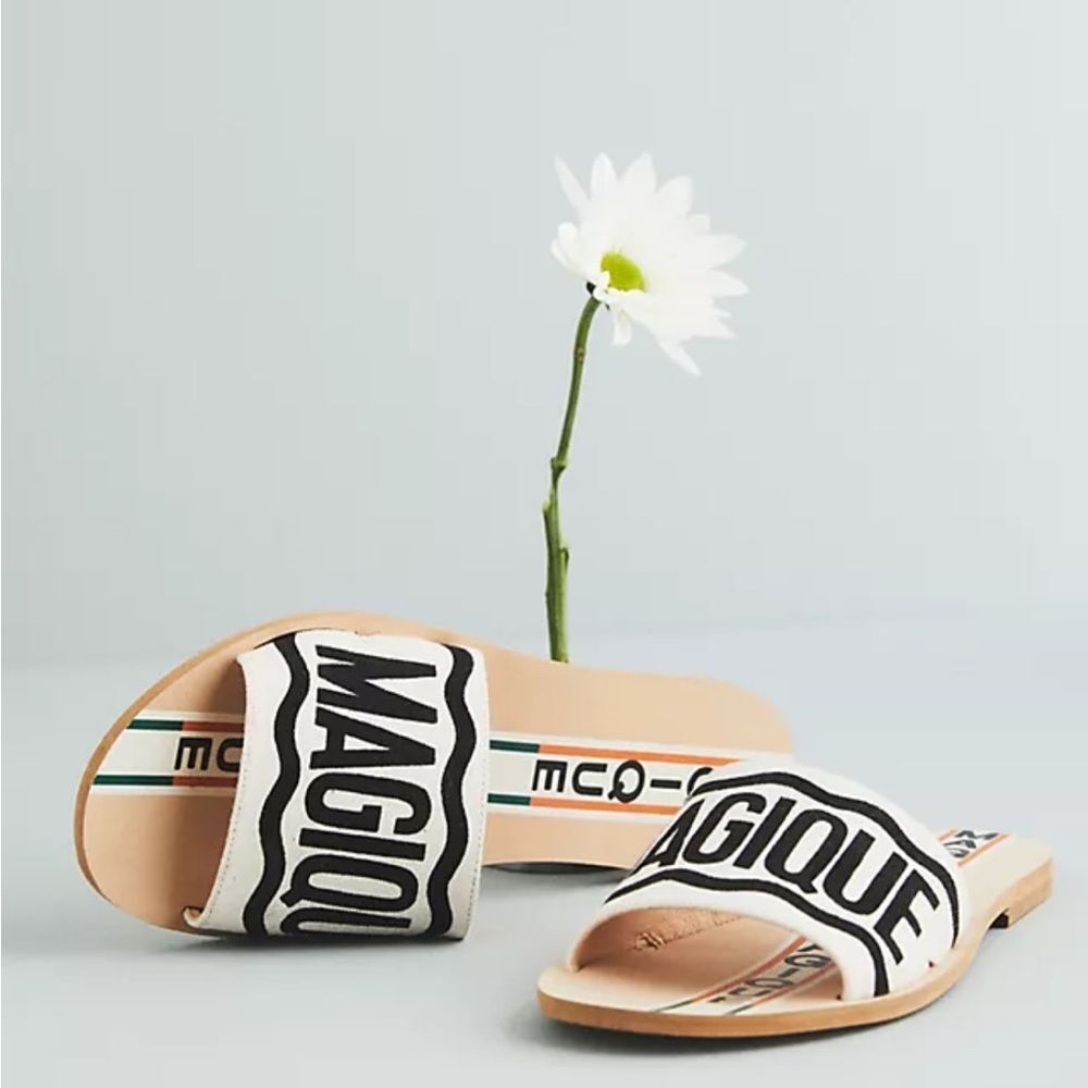 Anthropologie White and Tan 'Magique' Slide Sandals